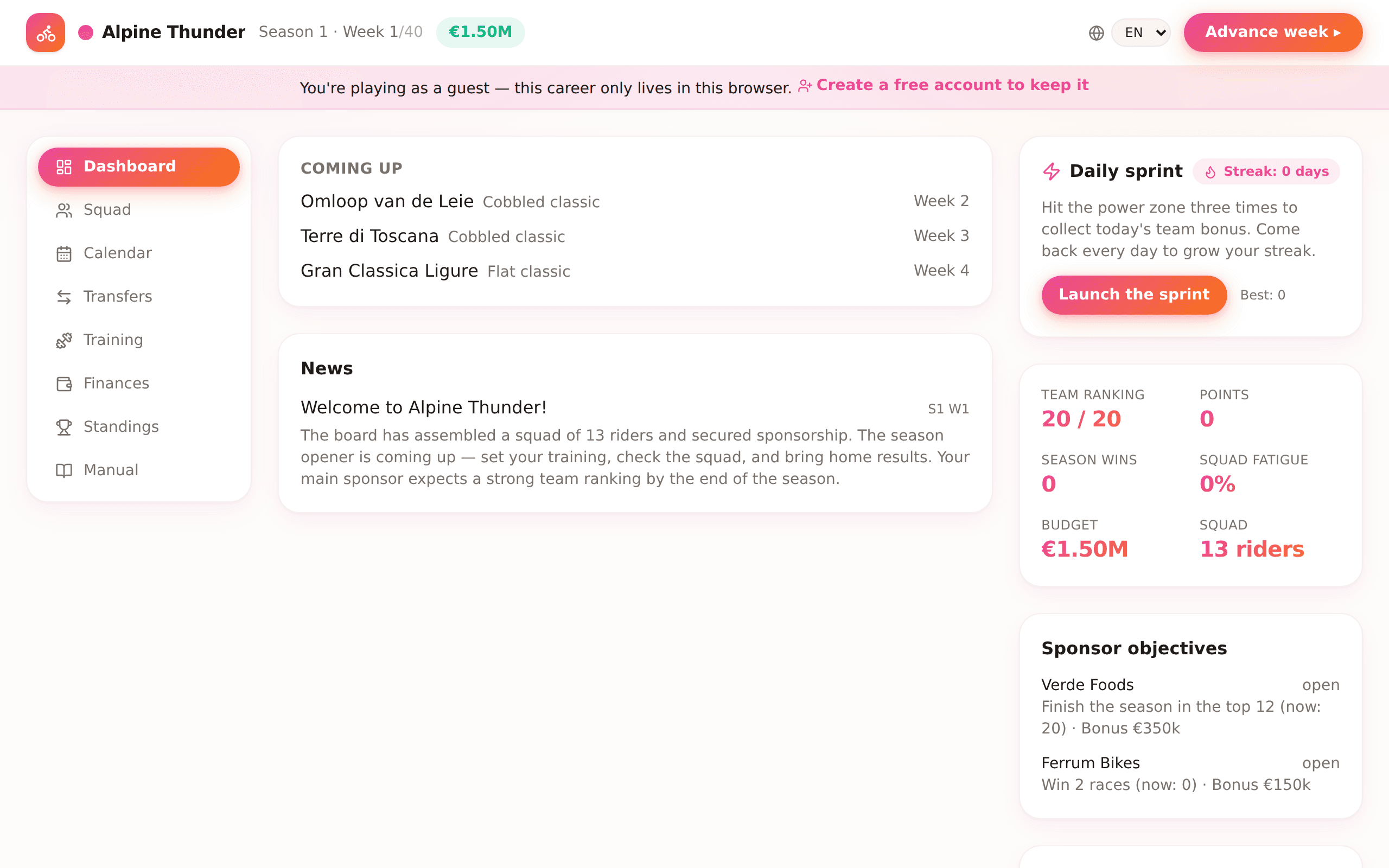 Run the team: sponsor objectives, budget, news and a daily sprint mini-game.