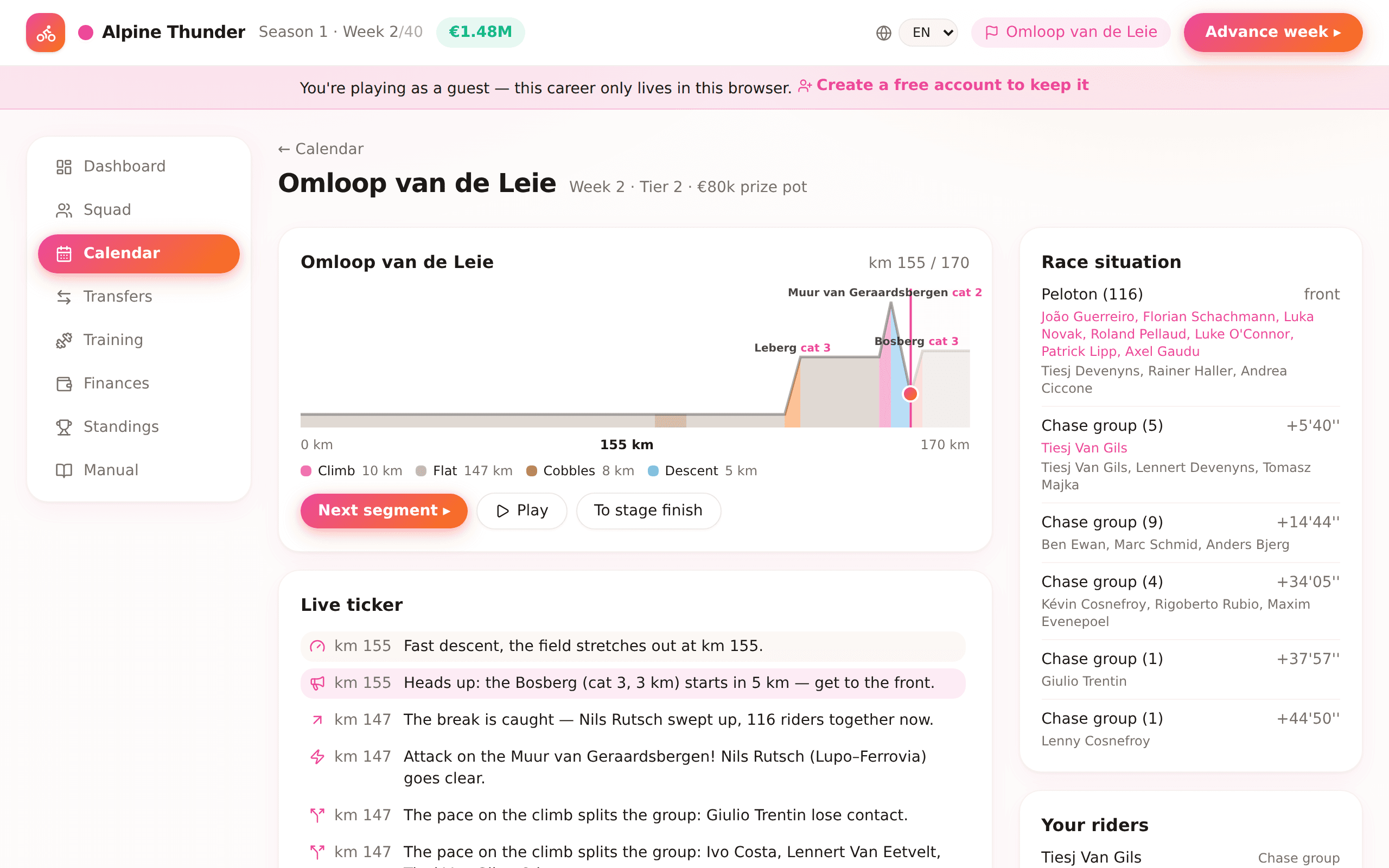 Follow every attack in the live ticker — on the real elevation profile of the course.